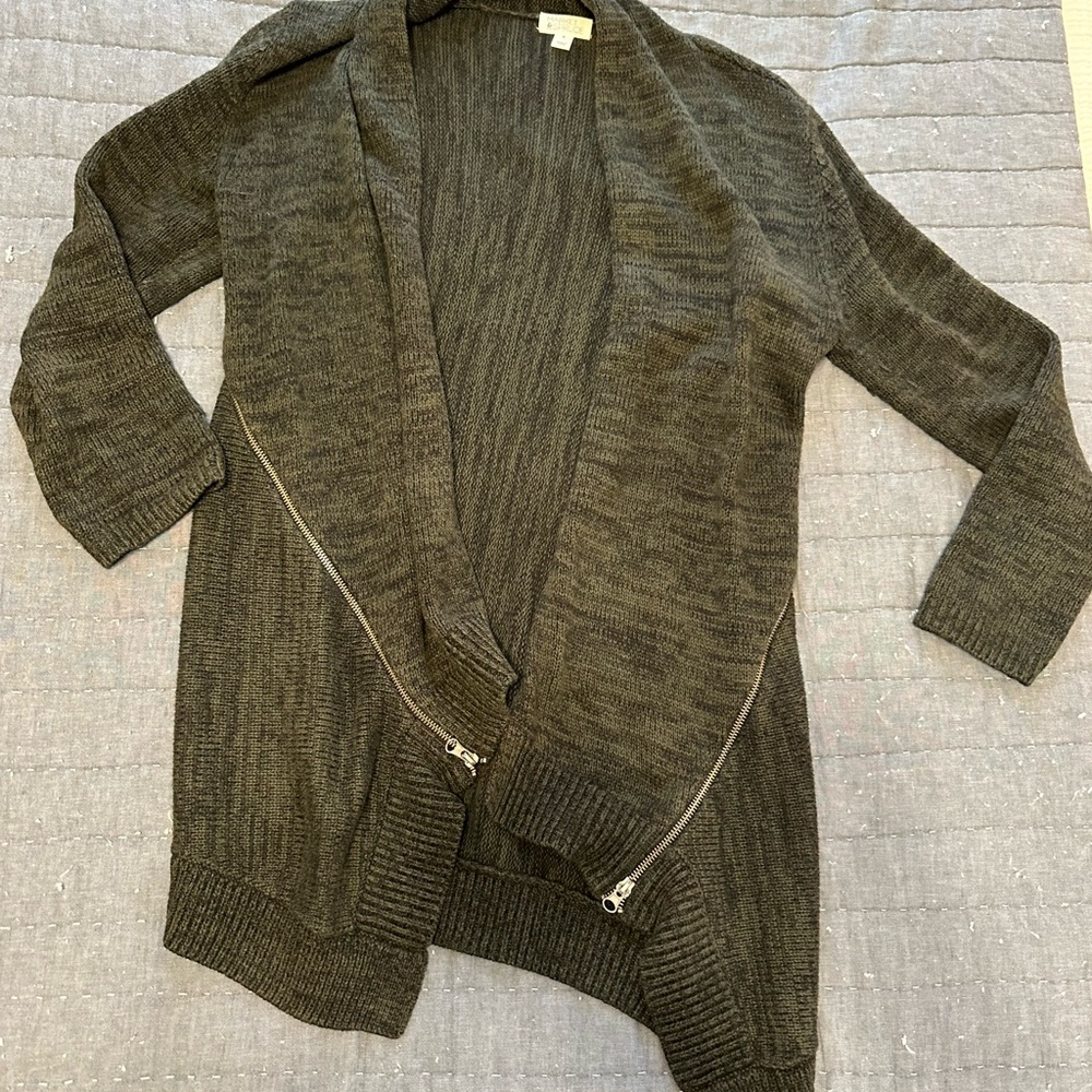 Market & Speuce Cozy Open-Front Zip Accent Sweater Cardigan - Olive/Black